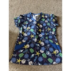 UA Scrubs Seashell Themed V Neck Scrub Top Size Medium